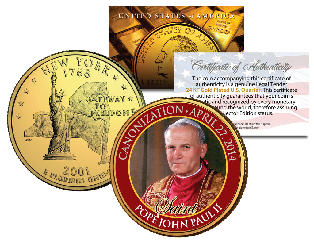 Pair of POPE JOHN PAUL II PLUSH BEARS each with Canonization 24K Gold State Quarter