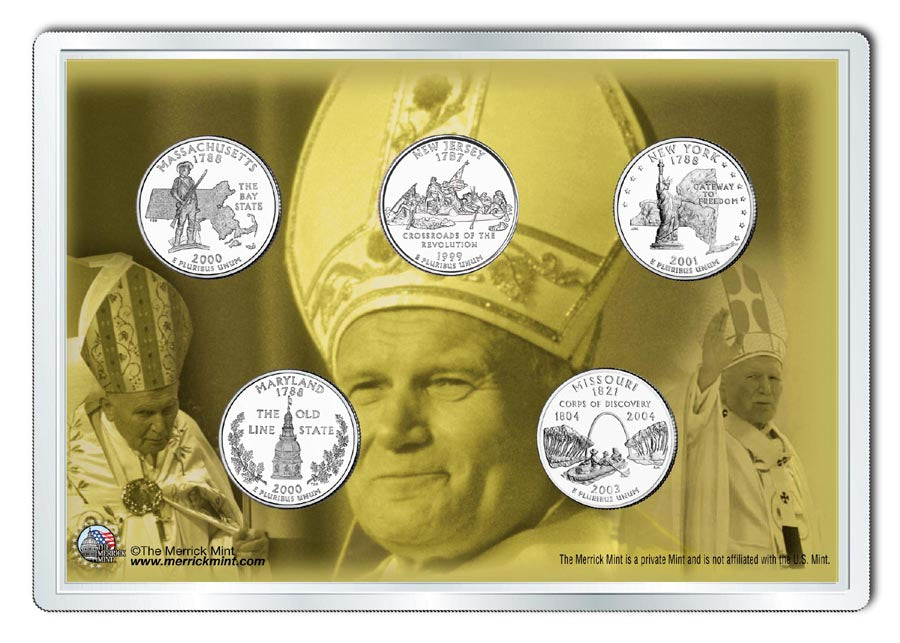 POPE JOHN PAUL II - Visits to USA - Colorized U.S. Statehood Quarters 5-Coin Set