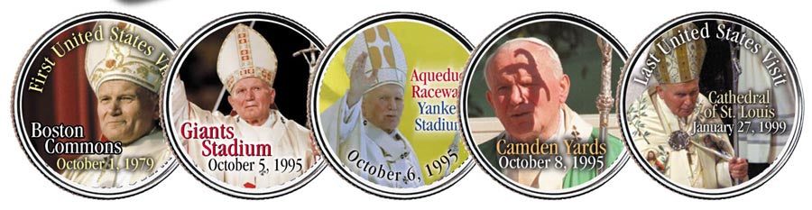 POPE JOHN PAUL II - Visits to USA - Colorized U.S. Statehood Quarters 5-Coin Set