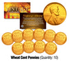Lot of 10 Lincoln 1950's WHEAT Pennies US Coins 24K GOLD PLATED Lincoln Cent Penny