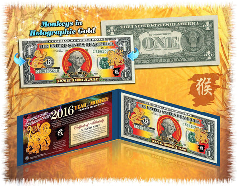 Lot of 25 - 2016 Chinese New Year - YEAR OF THE MONKEY - Gold Hologram Legal Tender U.S. $1 BILL - $1 Lucky Money